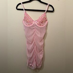 Pink stretch net lingerie dress with heart embroidery size medium